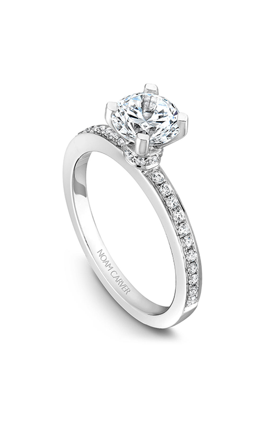 14K White Gold Solitaire Sidestone Round Engagement Ring