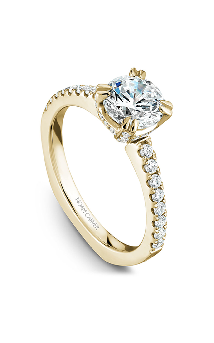 14K Yellow Gold Solitaire Sidestone Round Engagement Ring