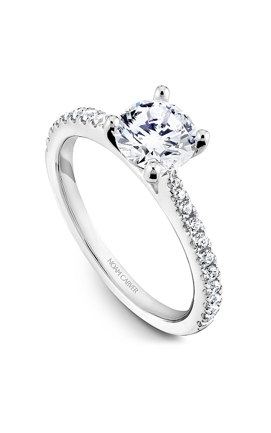 14K White Gold Solitaire Sidestone Round Engagement Ring