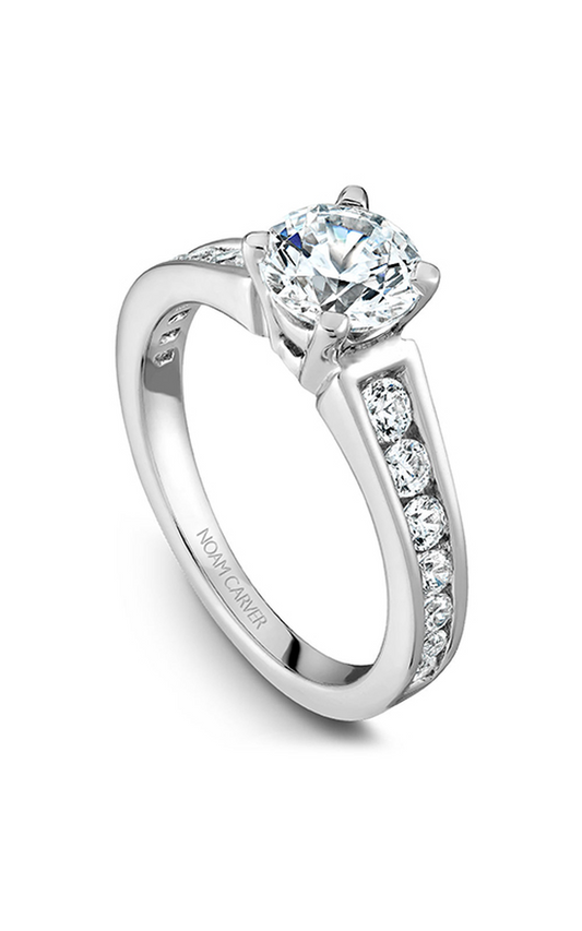 18K White Gold Solitaire Sidestone Round Engagement Ring