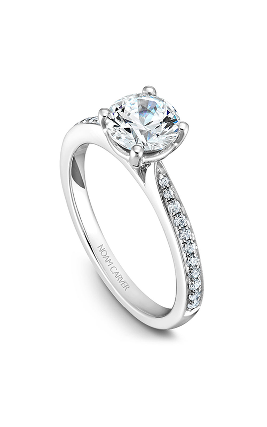 18K White Gold Solitaire Sidestone Round Engagement Ring