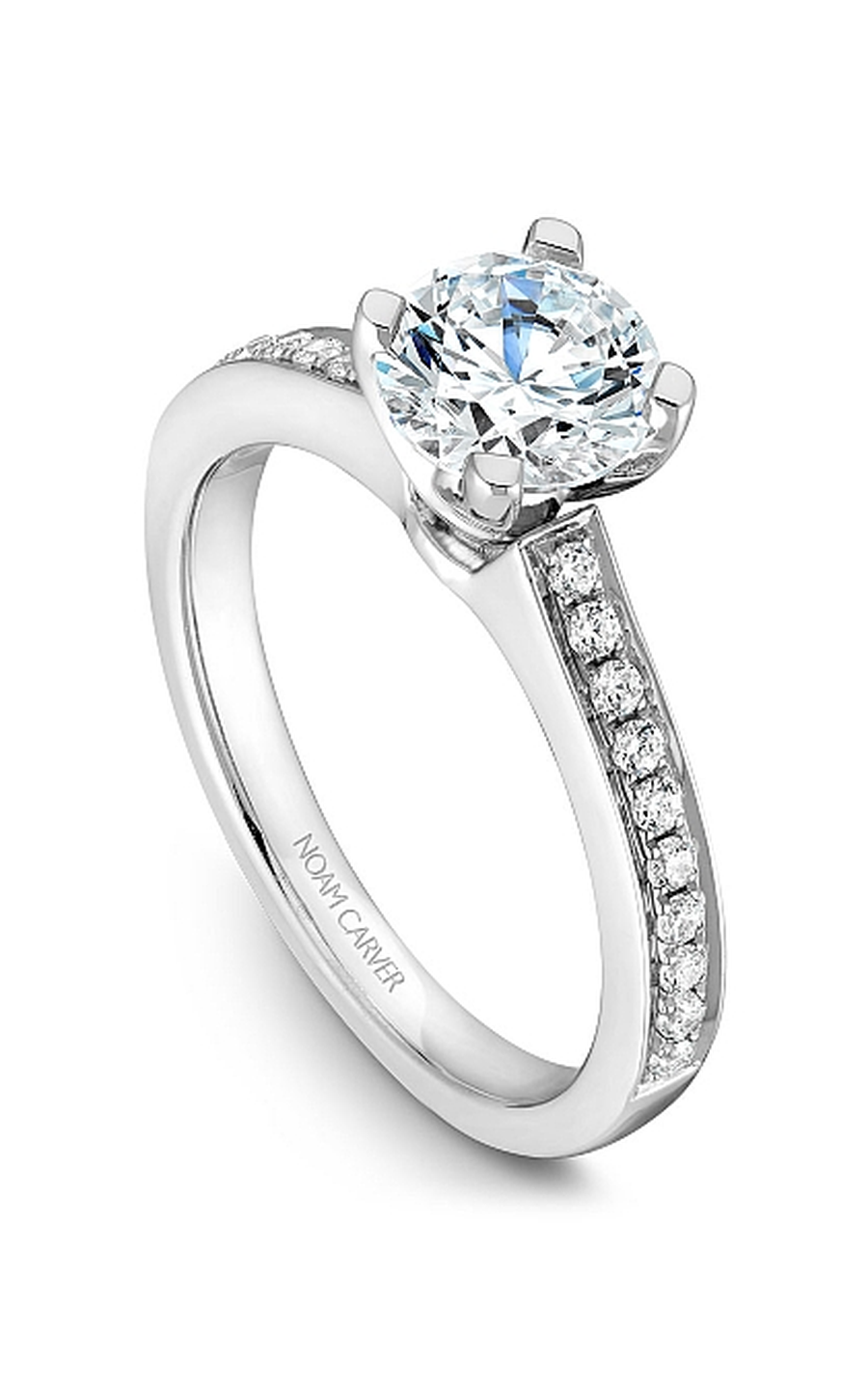 18K White Gold Solitaire Sidestone Round Engagement Ring