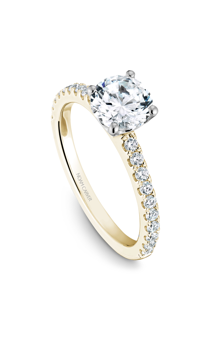 14K White Gold and 14K Yellow Gold Solitaire Sidestone Round Engagement Ring