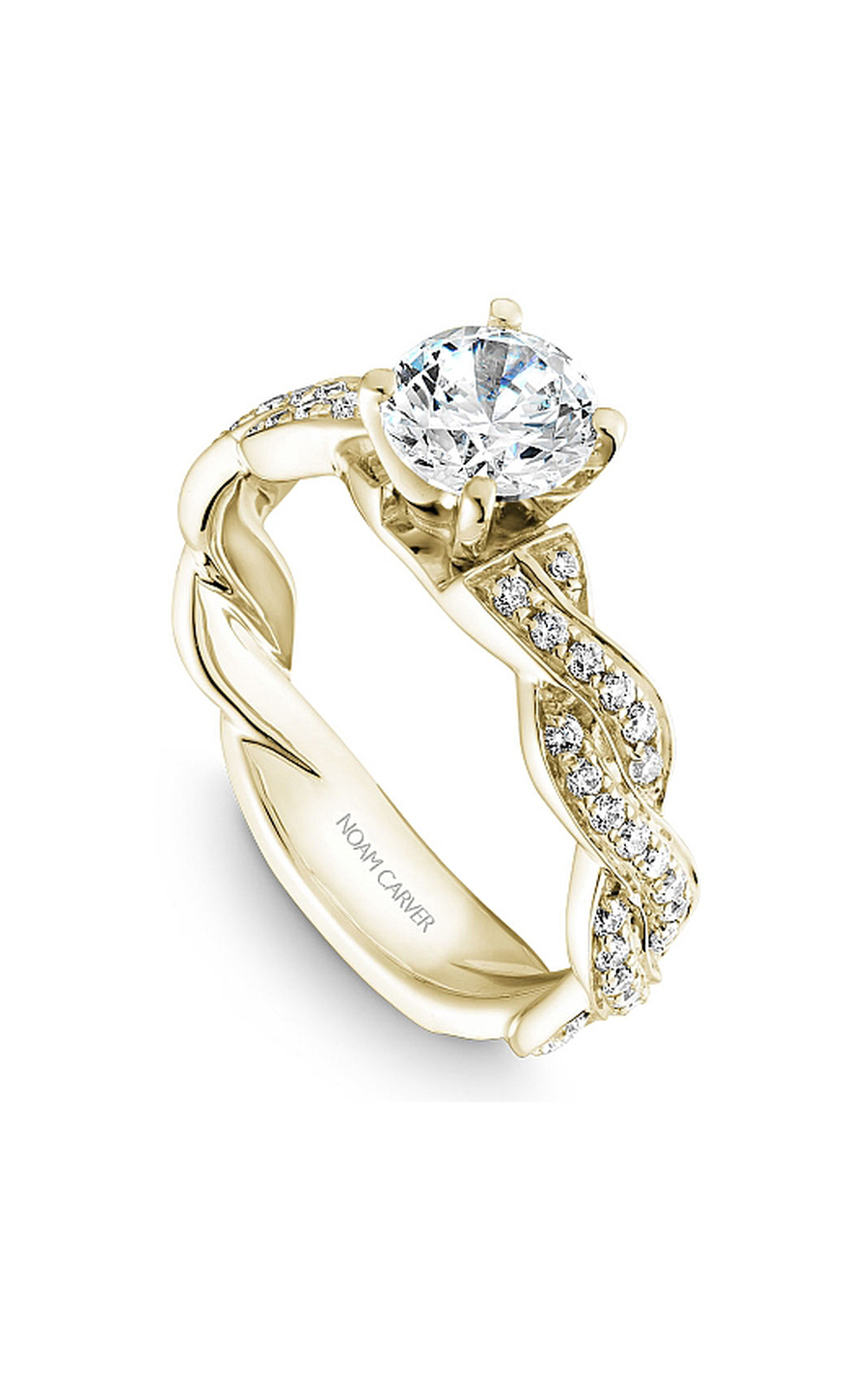 14K Yellow Gold Twist Band Sidestone Round Engagement Ring