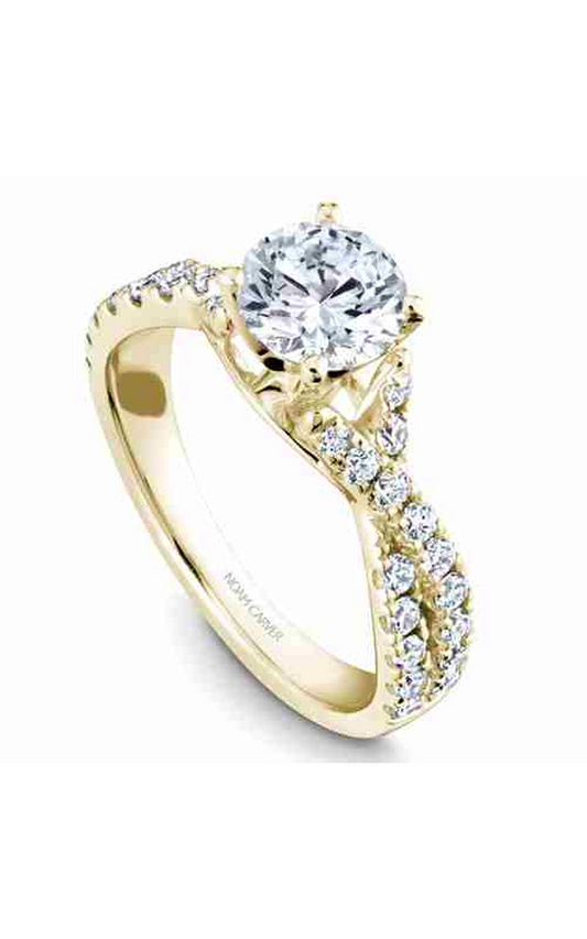 18K Yellow Gold Twist Band Sidestone Round Engagement Ring