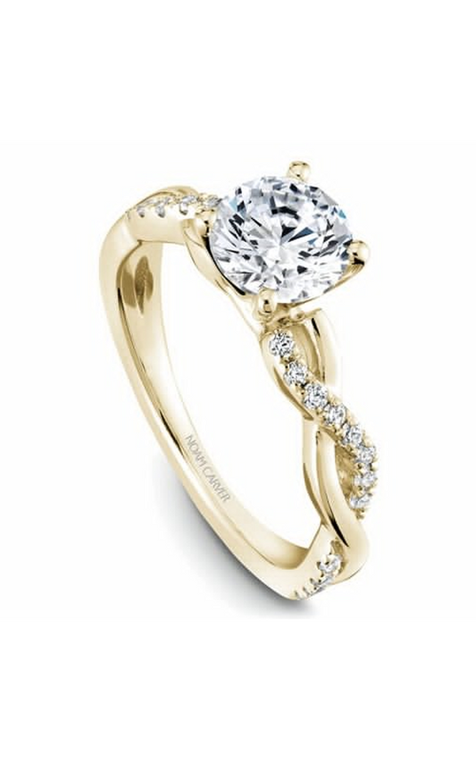 18K Yellow Gold Twist Band Sidestone Round Engagement Ring