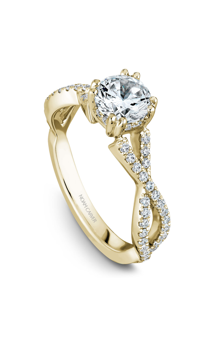 14K Yellow Gold Twist Band Sidestone Round Engagement Ring