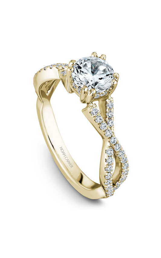 18K Yellow Gold Twist Band Sidestone Round Engagement Ring