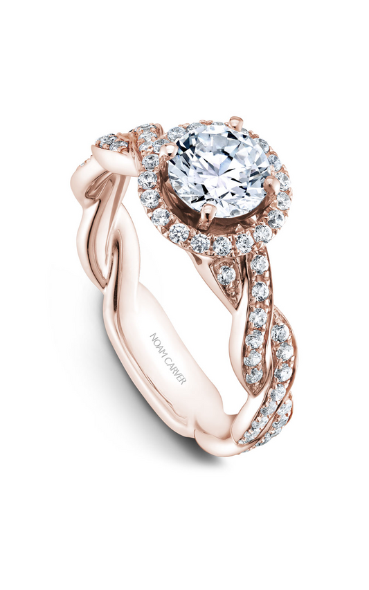 14K Rose Gold Twist Band Halo Round Engagement Ring
