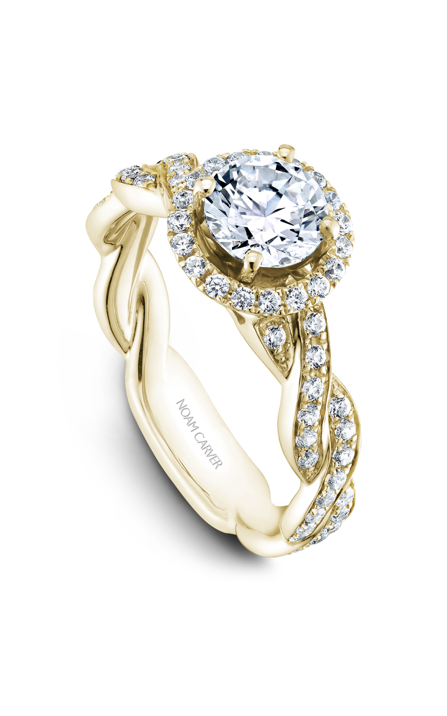 14K Yellow Gold Twist Band Halo Round Engagement Ring