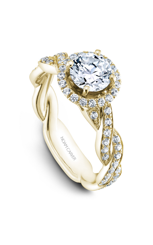 14K Yellow Gold Twist Band Halo Round Engagement Ring