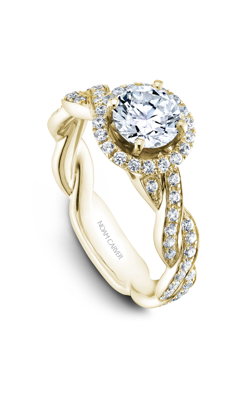 18K Yellow Gold Twist Band Halo Round Engagement Ring