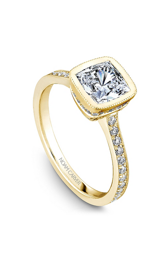 18K Yellow Gold Bezel Sidestone Cushion Engagement Ring