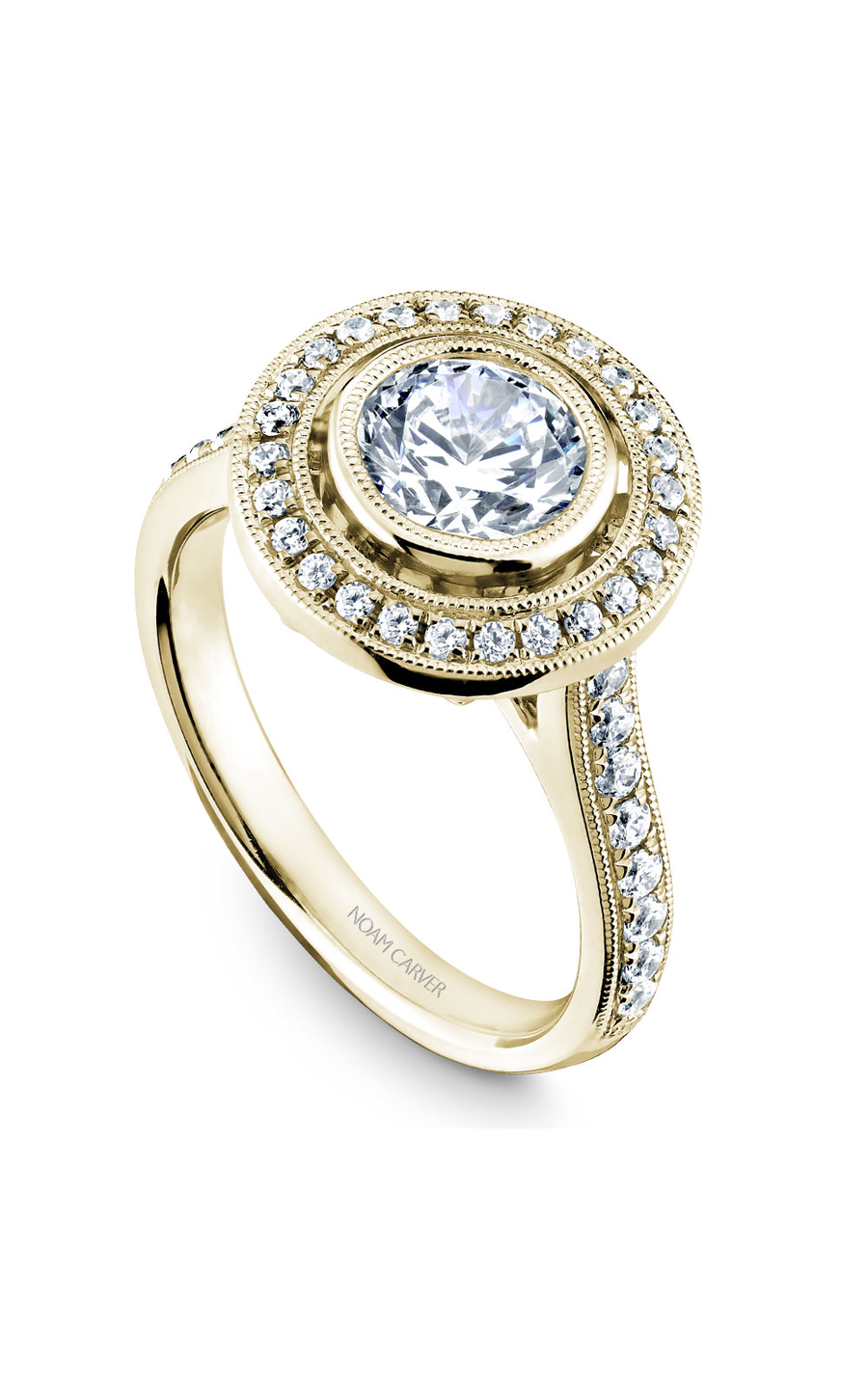 14K Yellow Gold Bezel Halo Round Engagement Ring