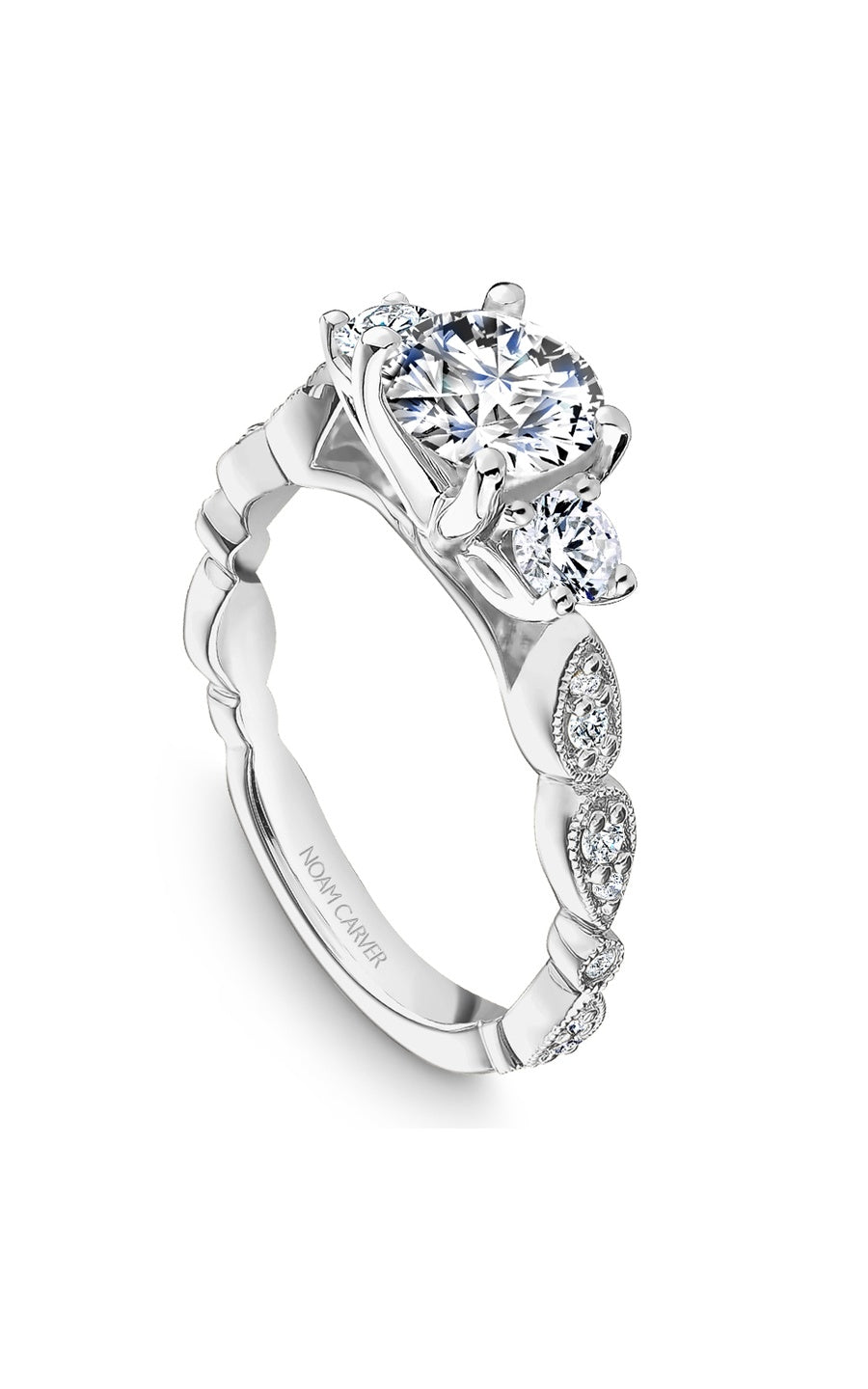 14K White Gold Three Stone Round Engagement Ring