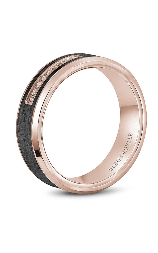 14K Rose Gold and Black Carbon Gents Round Wedding Band