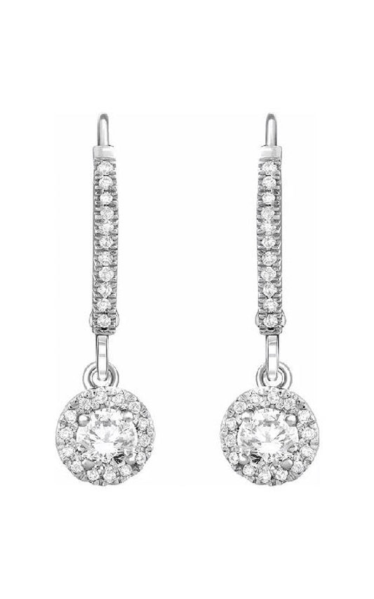 14K White Gold Diamond, Halo, and Drop Earring