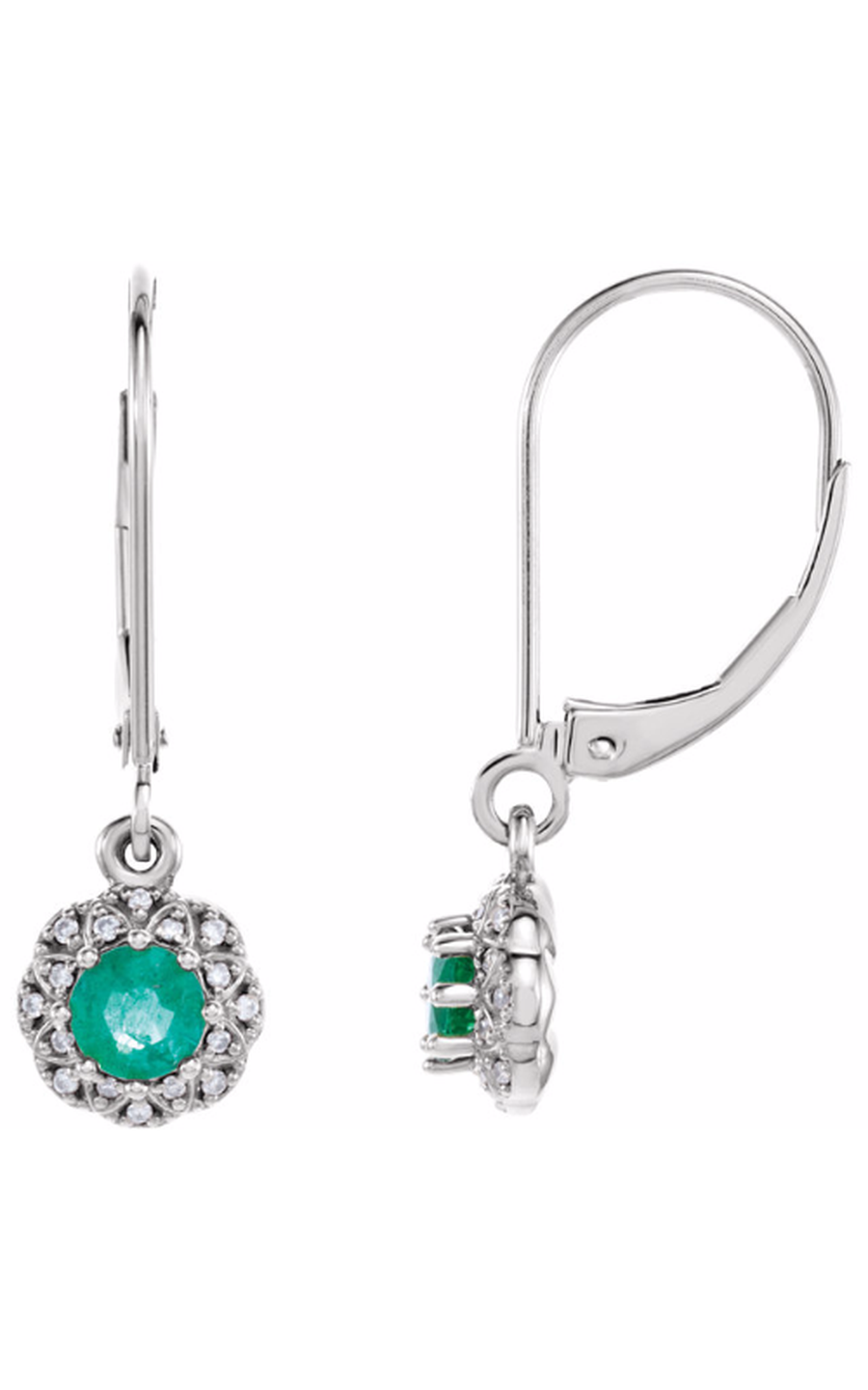 14K White Natural Emerald and .08 CTW Natural Diamond Earrings