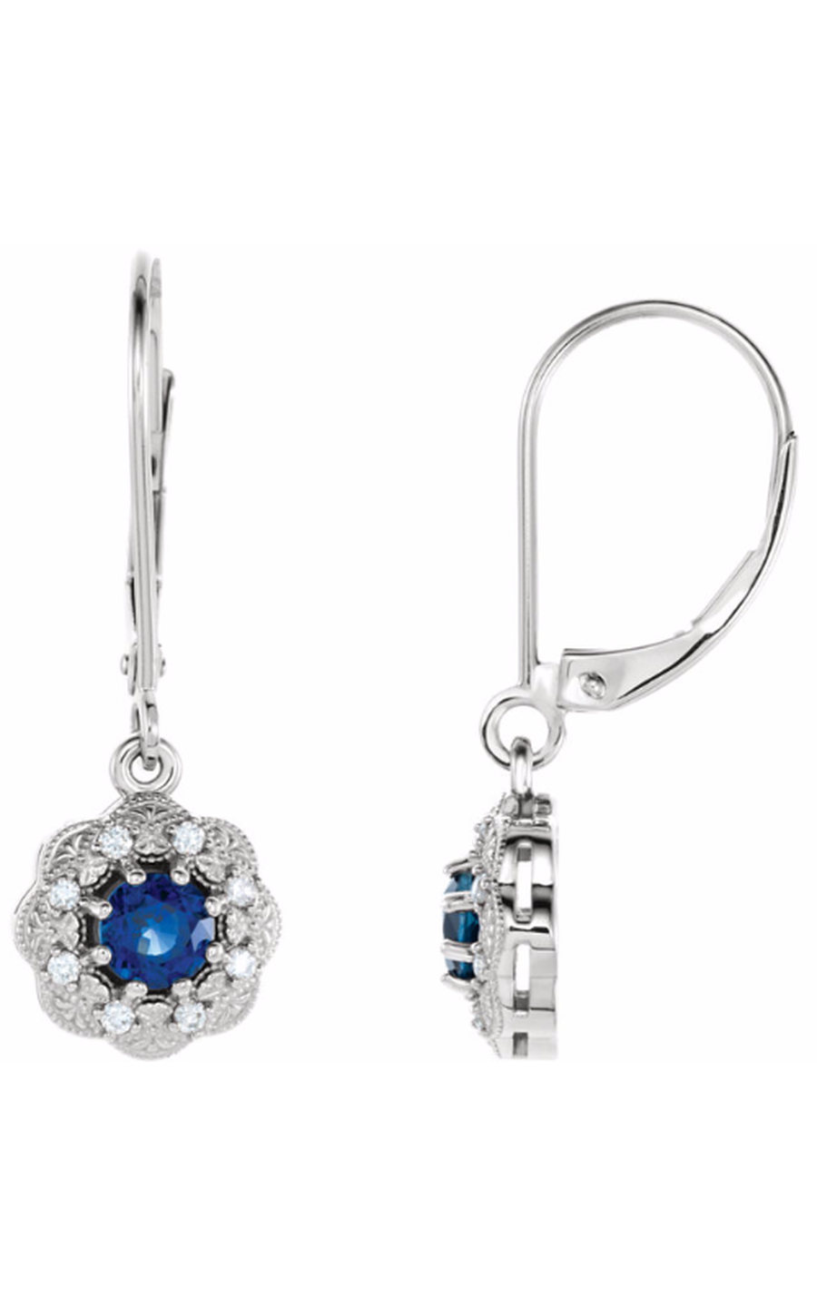 14K White Natural Blue Sapphire and 1/10 CTW Natural Diamond Halo-Style Earrings