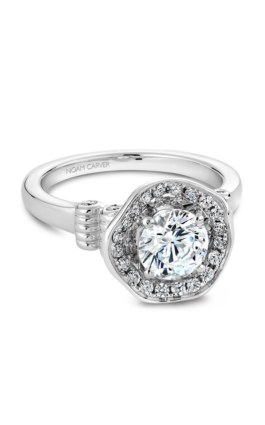 14K White Gold Floral Halo Round Engagement Ring