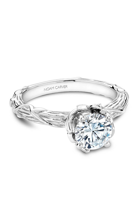 14K White Gold Floral Solitaire Round Engagement Ring