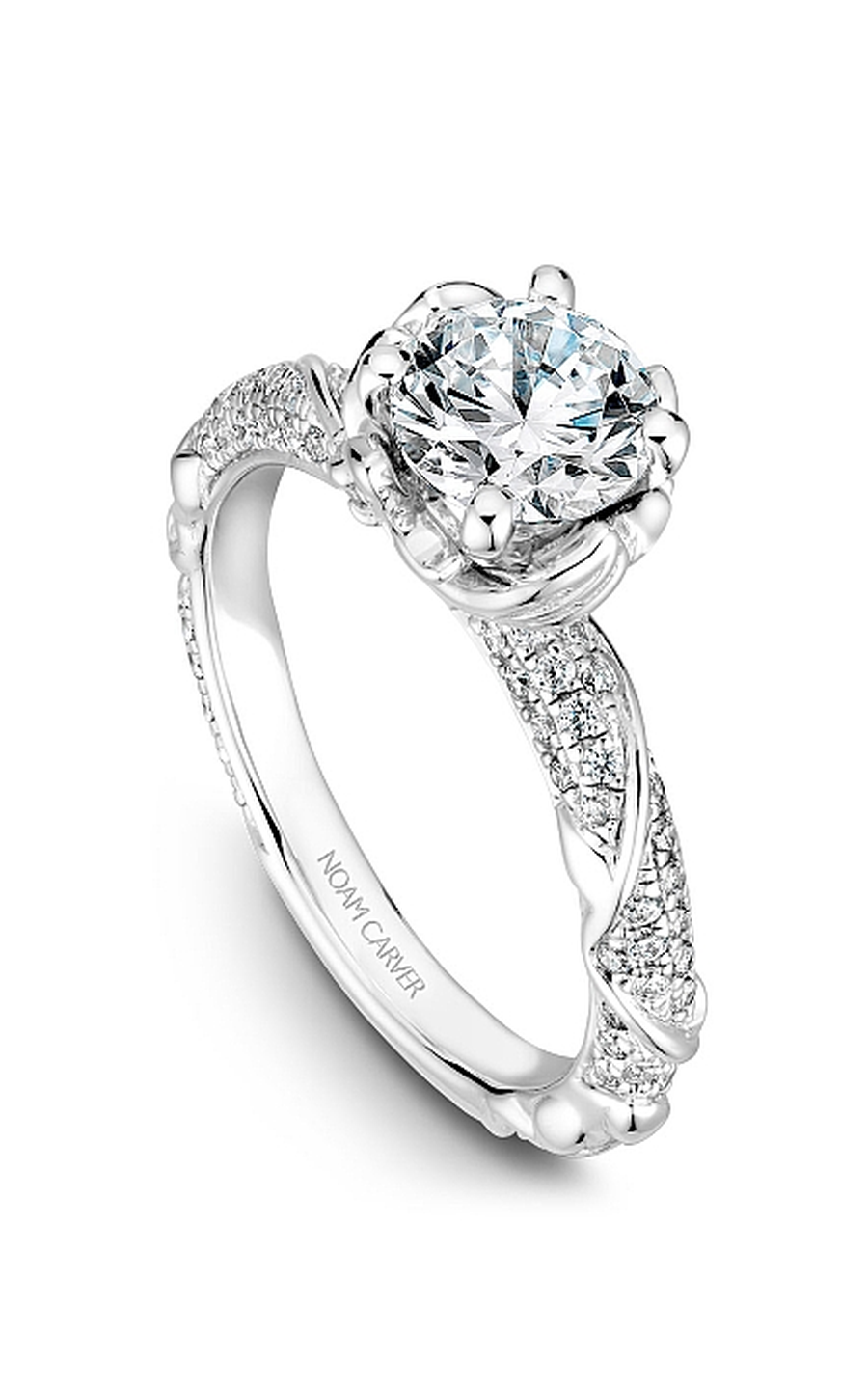 14K White Gold Floral Sidestone Round Engagement Ring