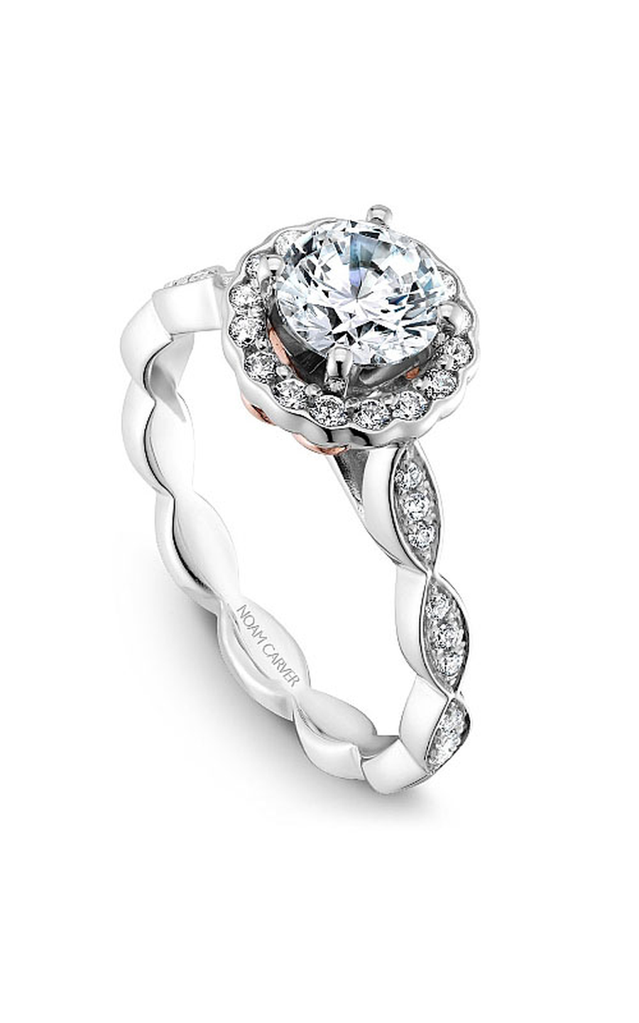 14K Rose Gold and 14K White Gold Floral Halo Round Engagement Ring