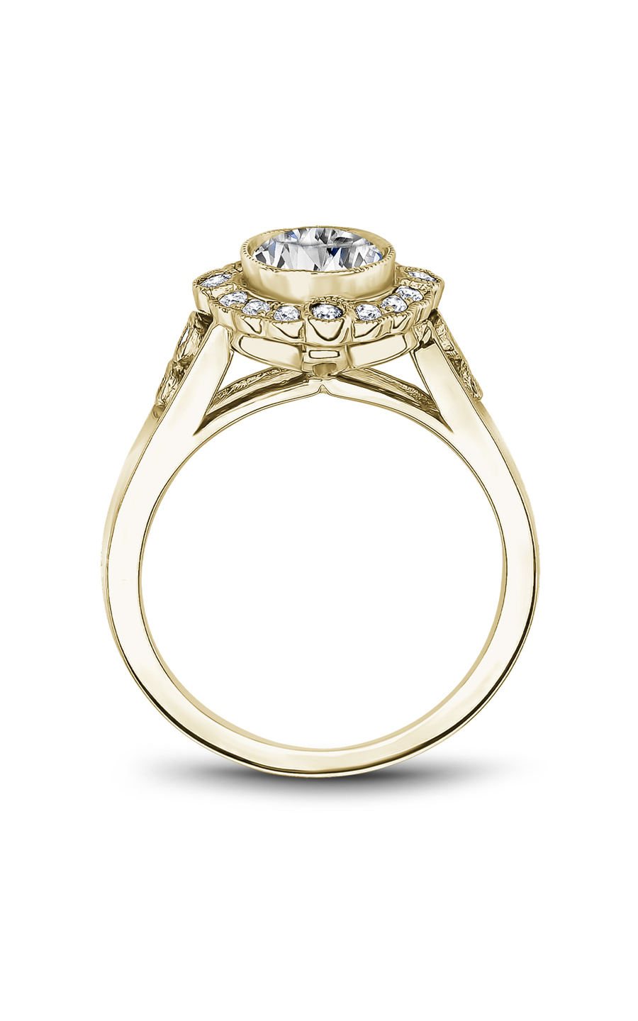 14K Yellow Gold Floral Halo Round Engagement Ring