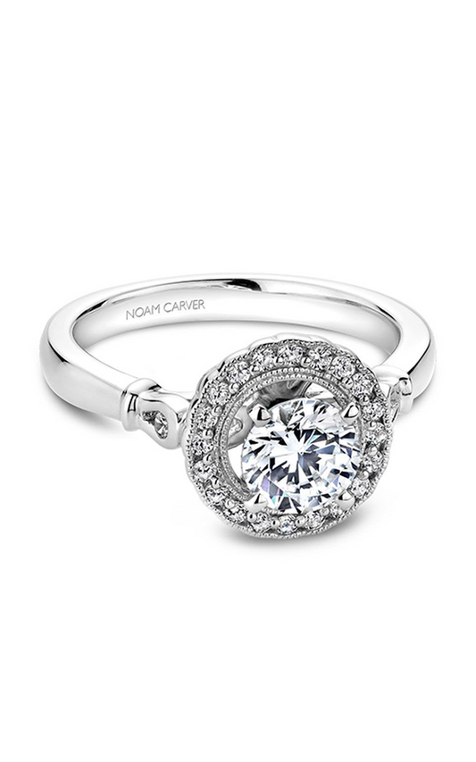 14K White Gold Floral Halo Round Engagement Ring