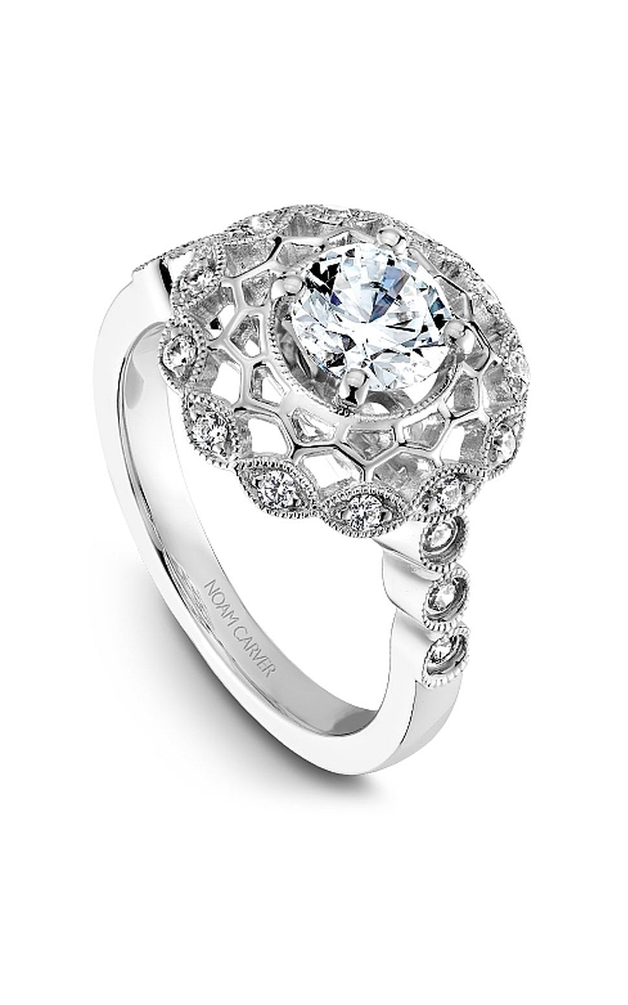 14K White Gold Floral Halo Round Engagement Ring