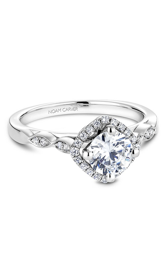 14K White Gold Floral Halo Round Engagement Ring
