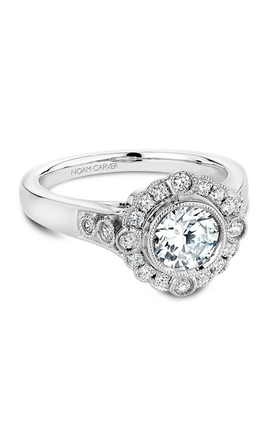 14K White Gold Floral Halo Round Engagement Ring