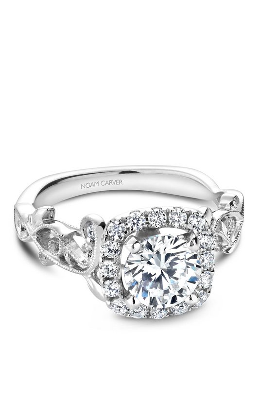 14K White Gold Floral Halo Round Engagement Ring