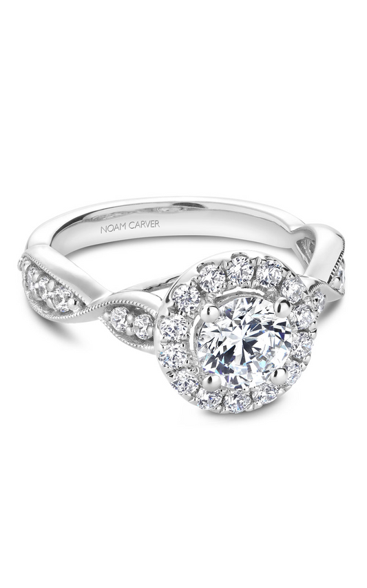 14K White Gold Floral Halo Round Engagement Ring