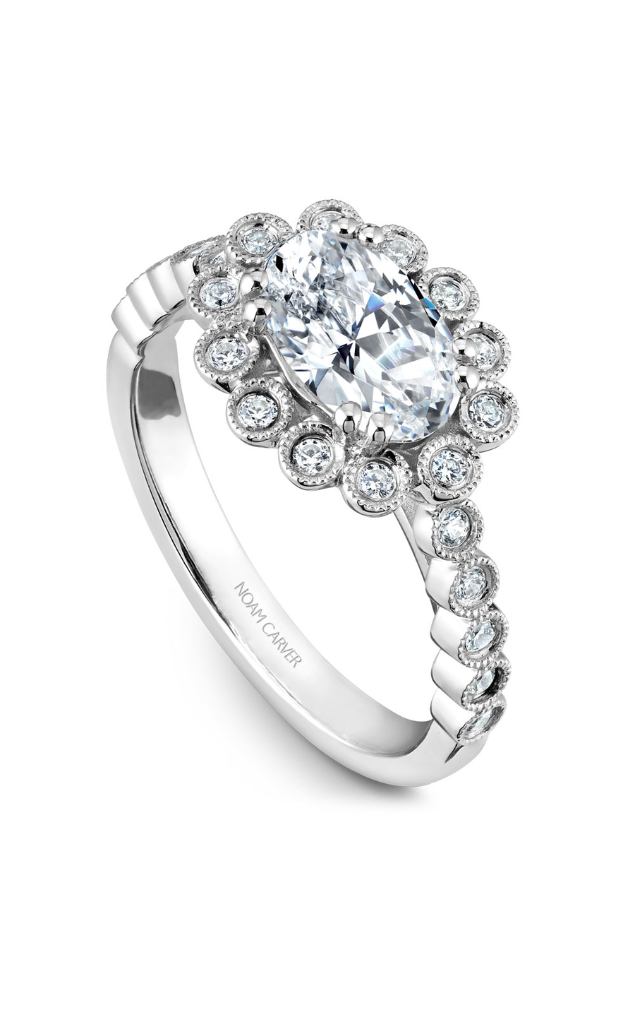 14K White Gold Floral Halo Oval Engagement Ring