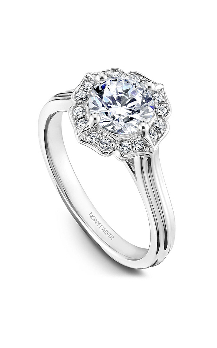 14K White Gold Floral Halo Round Engagement Ring