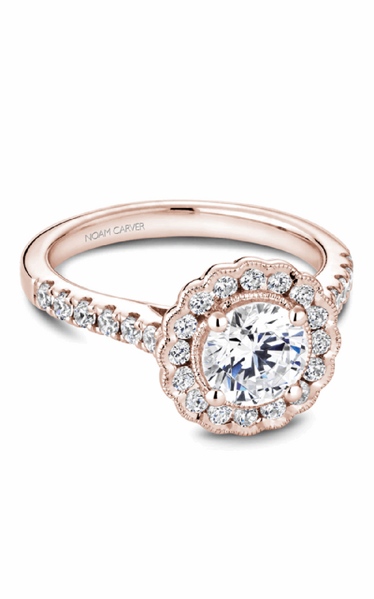 14K Rose Gold Floral Halo Round Engagement Ring