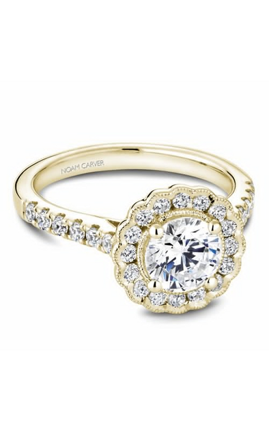14K Yellow Gold Floral Halo Round Engagement Ring