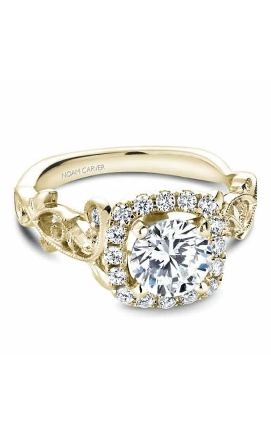 14K Yellow Gold Floral Halo Round Engagement Ring