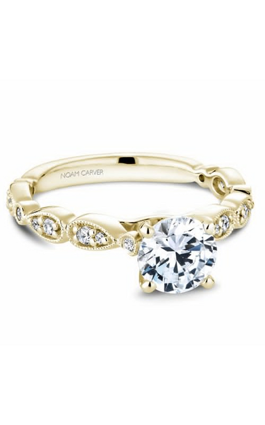14K Yellow Gold Floral Sidestone Round Engagement Ring