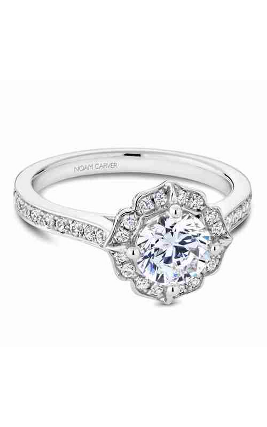 14K White Gold Floral Halo Round Engagement Ring