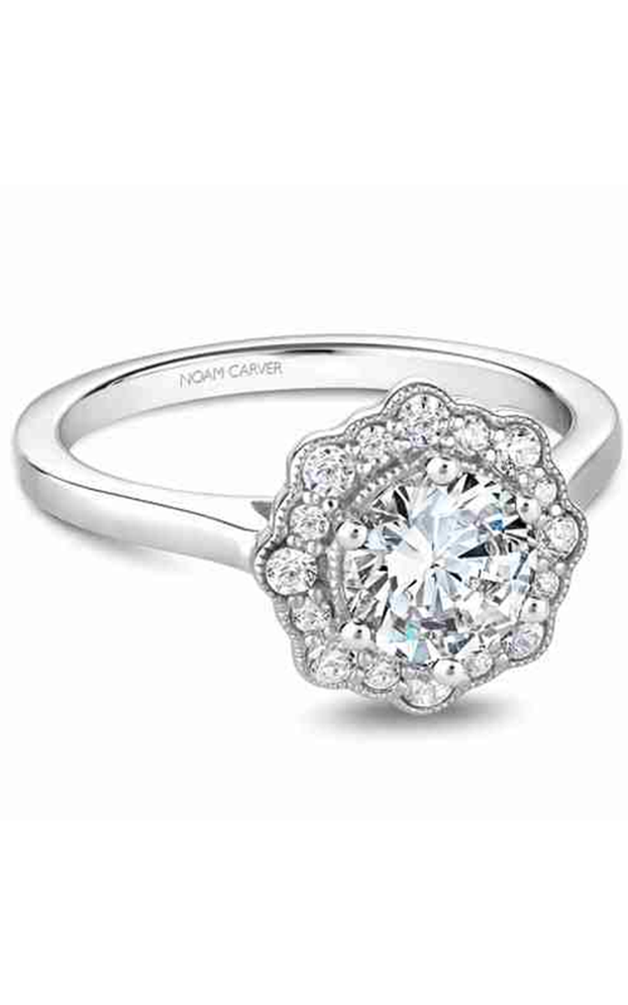 14K White Gold Floral Halo Round Engagement Ring