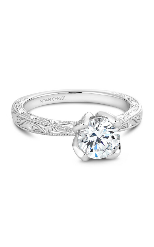 18K White Gold Floral Solitaire Round Engagement Ring