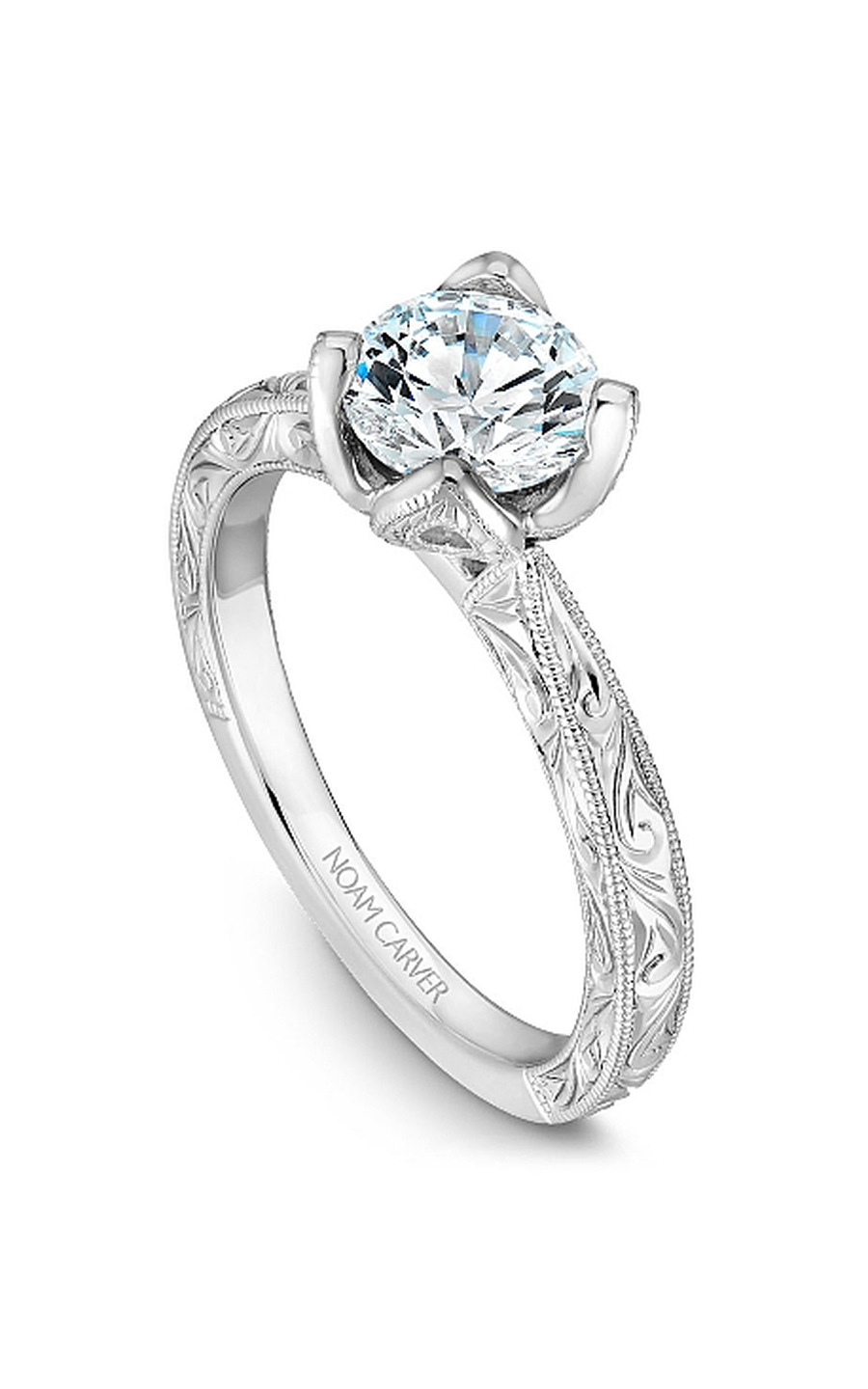 18K White Gold Floral Solitaire Round Engagement Ring