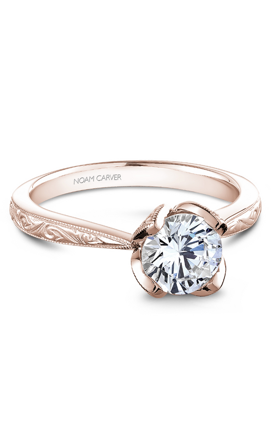 18K Rose Gold Floral Solitaire Round Engagement Ring