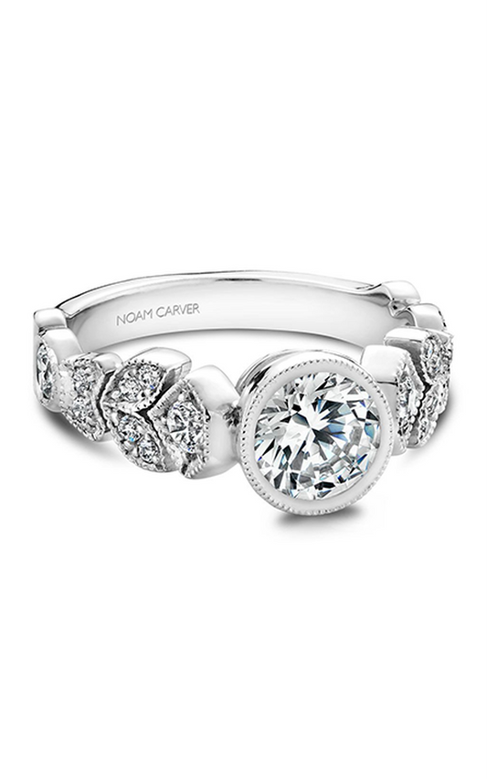 18K White Gold Floral Sidestone Round Engagement Ring