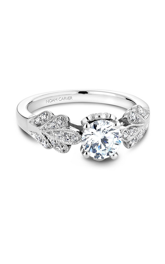 18K White Gold Floral Sidestone Round Engagement Ring