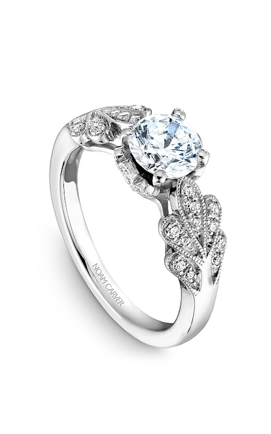 18K White Gold Floral Sidestone Round Engagement Ring