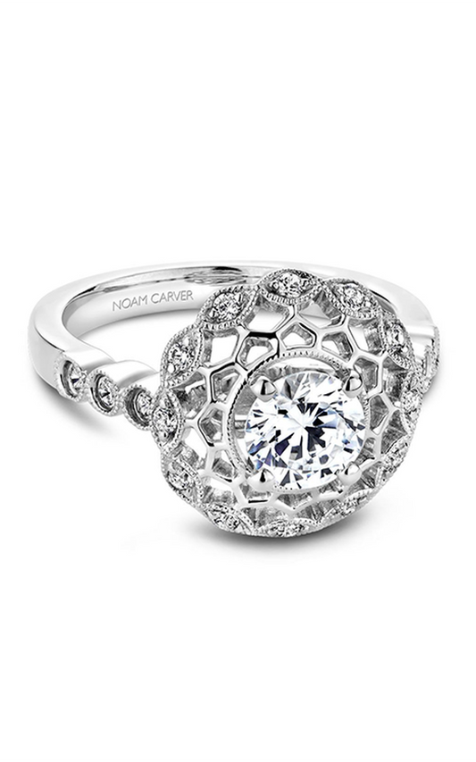 18K White Gold Floral Halo Round Engagement Ring