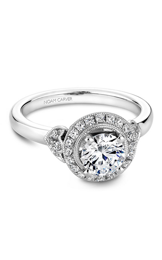 18K White Gold Floral Halo Round Engagement Ring